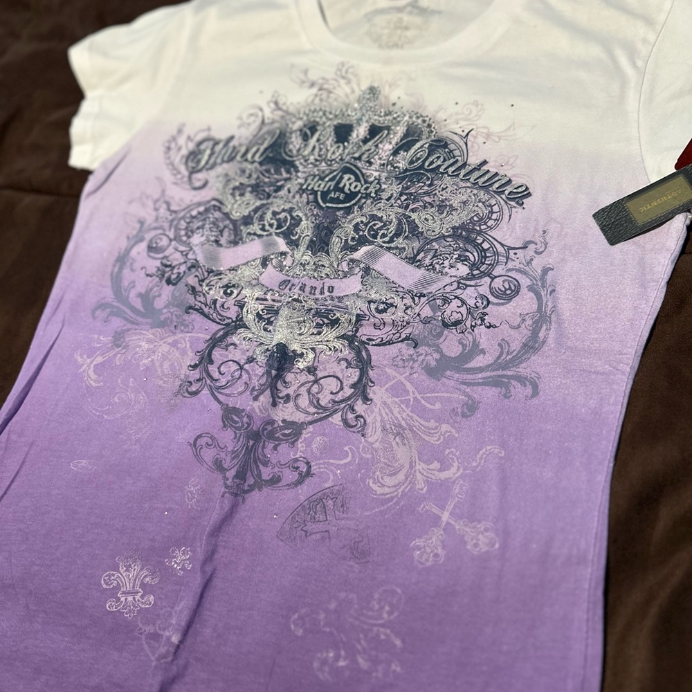Hard Rock Cafe Couture- Purple and White Bedazzled Tee